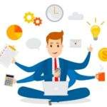 插圖顯示一名上班族嘗試多工處理同時應對郵件電話與文件導致注意力分散及任務切換消耗