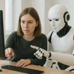 人類與 AI 智慧機器人並肩專注於數位螢幕前協同工作，象徵在深度工作流中透過 AI 工具輔助，提升批判性決策與產出效率的現代化辦公場景。