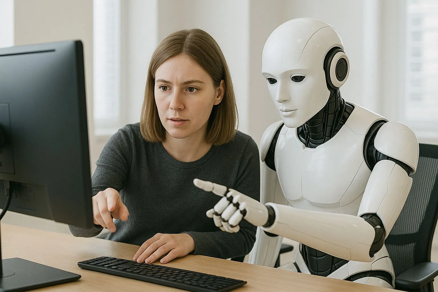 人類與 AI 智慧機器人並肩專注於數位螢幕前協同工作，象徵在深度工作流中透過 AI 工具輔助，提升批判性決策與產出效率的現代化辦公場景。