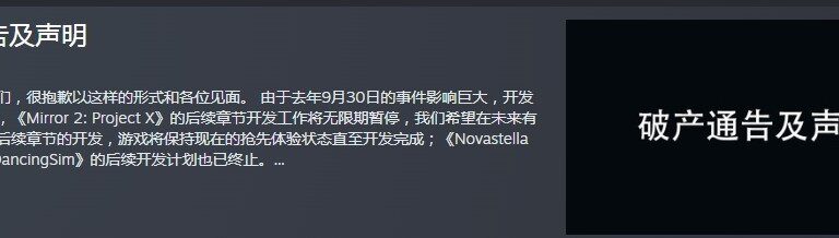 《Mirror 2》开发组宣布破产解散 并澄清没有诈骗